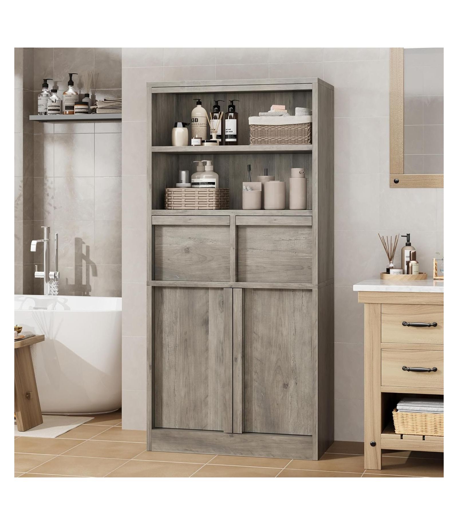 gaomon Tall Freestanding Bathroom Cabinet, 51" H, Doors & 2 Drawers, Organizer for Bathroom, Living Room, Kitchen & Pantry