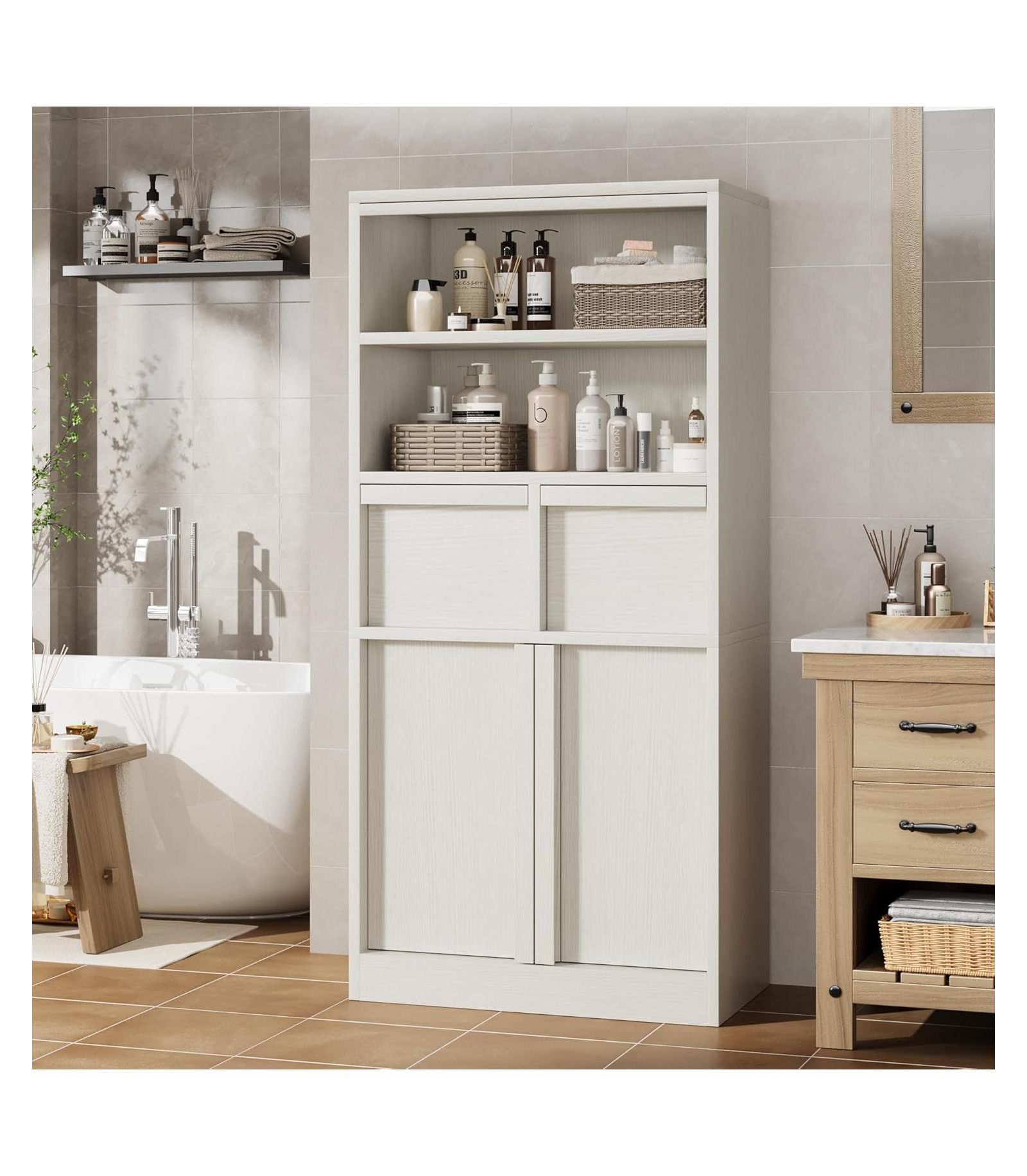 gaomon Tall Freestanding Bathroom Cabinet, 51" H, Doors & 2 Drawers, Organizer for Bathroom, Living Room, Kitchen & Pantry, White