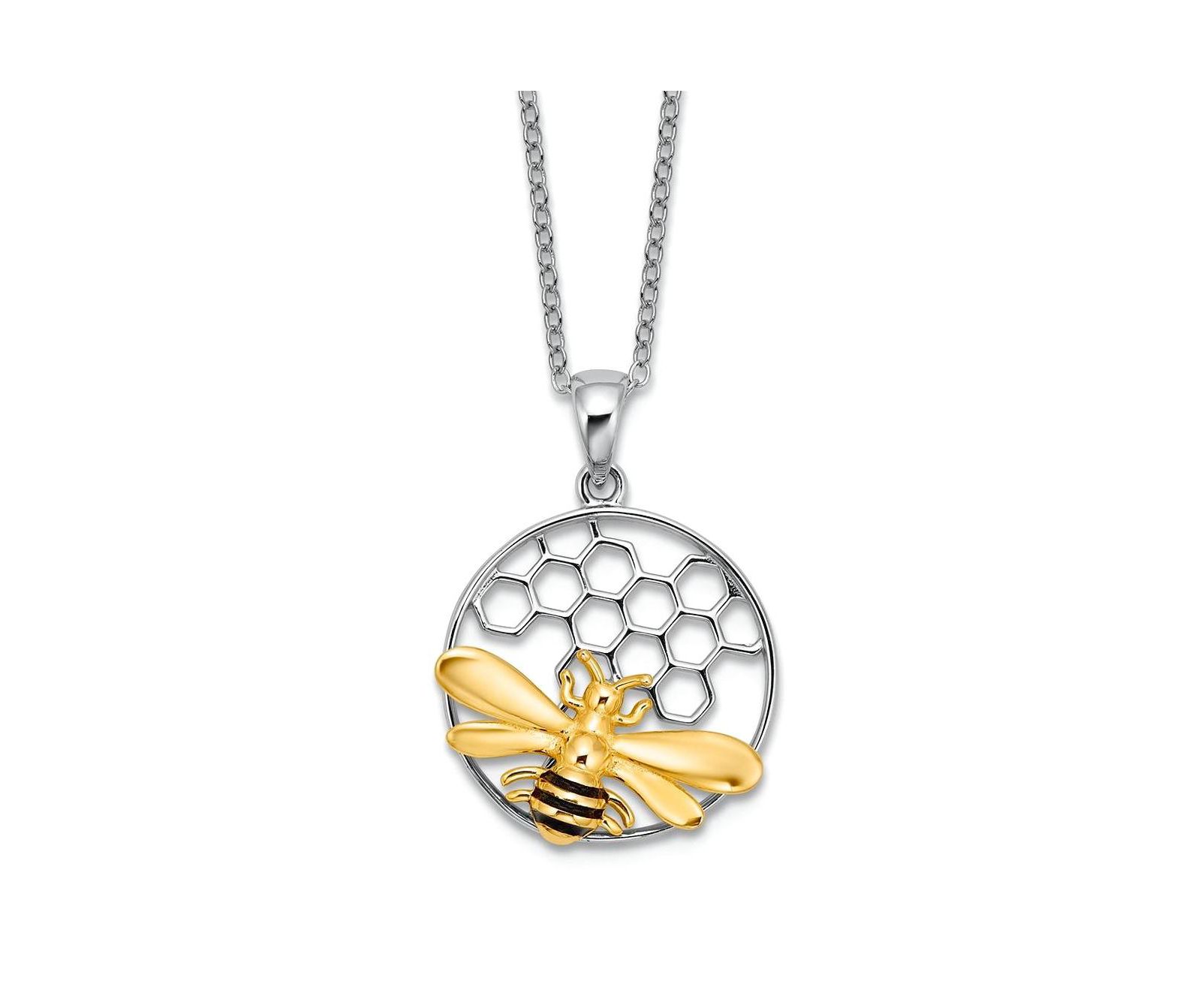 Curata Jewelry 925 Sterling and Rhodium Plated Enamel Bee in Hive Necklace 25x18mm Pendant Necklace