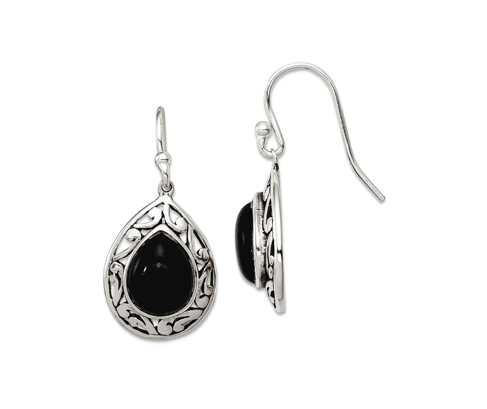 Curata Jewelry 925 Sterling Silver Oxidized Rhodium-Plated Teardrop Simulated Onyx Filigree Boho Hook Earrings