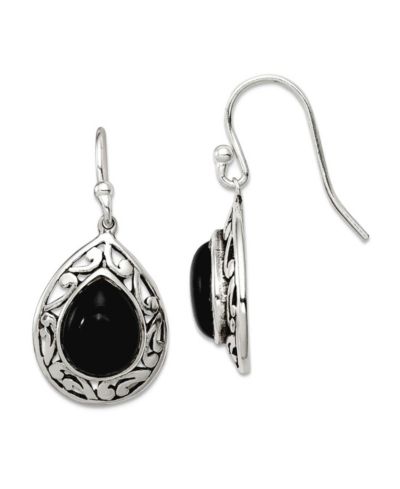 Curata Jewelry 925 Sterling Silver Oxidized Rhodium-Plated Teardrop Simulated Onyx Filigree Boho Hook Earrings