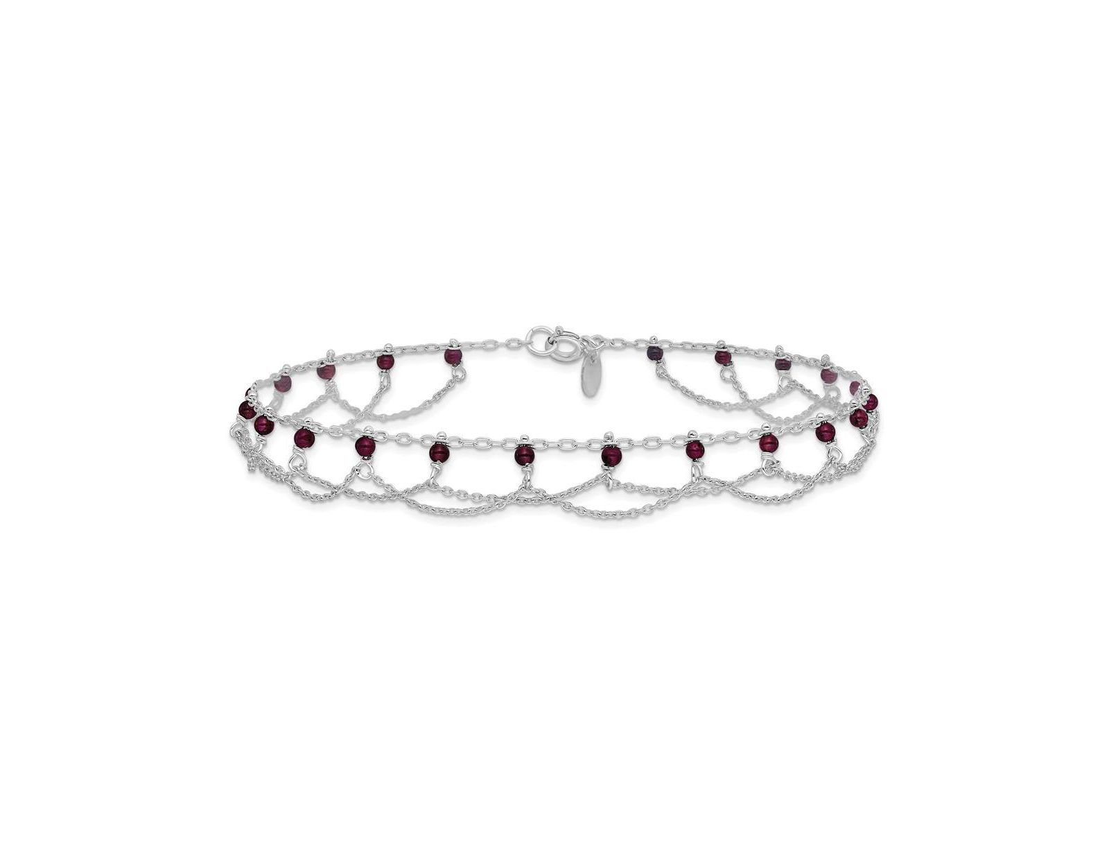 Curata Jewelry 925 Sterling Silver 10 Inch Rhodolite Garnet Beaded Draped Anklet