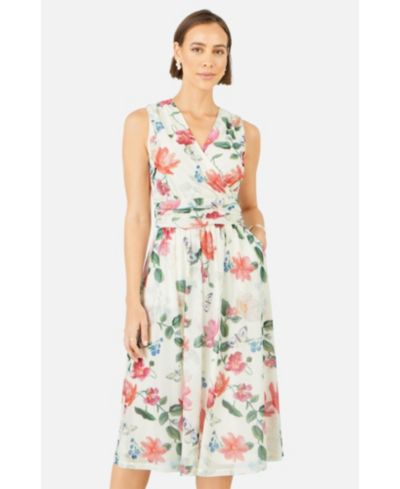 Yumi Women's Floral Print Mesh Stretch Midi Dress