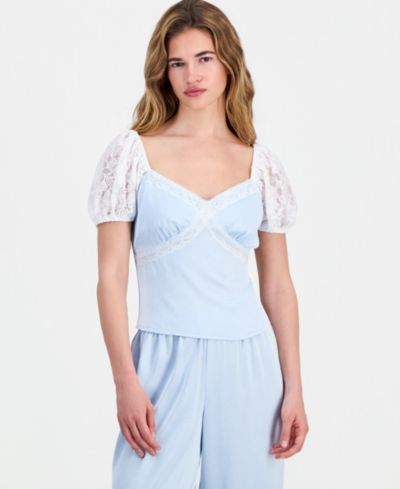And Now This Petite Satin Lace Puff-Sleeve Top, Macy's Exclusive