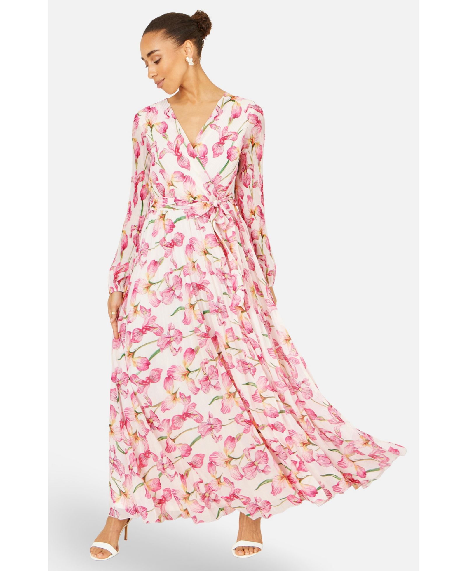 Yumi Women's Orchid Floral Pleated Wrap Maxi Dress