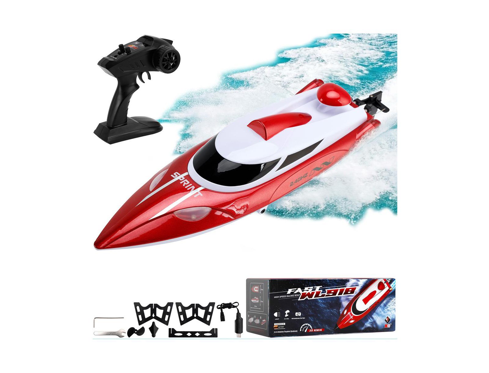 Bruce & Shark Скоростной радиоуправляемый катер 2.4GHz – 22mph с функцией самовыравнивания и LED подсветкой для детей