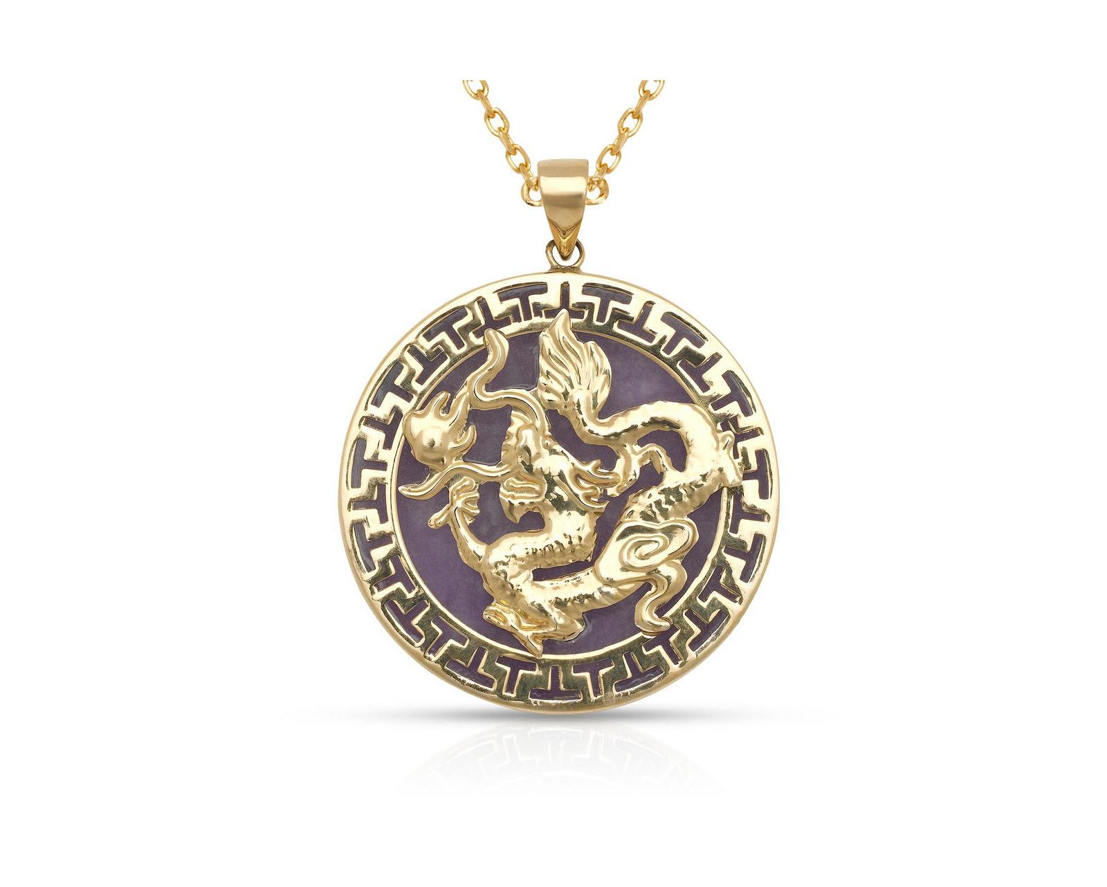 Ожерелье Curata Jewelry 14k Yellow Gold 18 Inch Green, Lavender, Onyx Dyed Jade Dragon Greek Key Circle Necklace - 26mm x 32mm