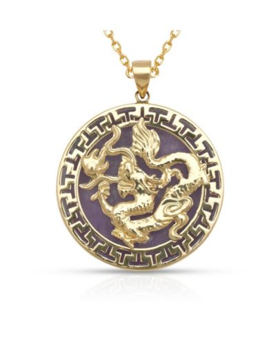 Curata Jewelry 14k Yellow Gold 18-inch Green, Lavender, Onyx Dyed Jade Dragon Greek Key Circle Necklace 26mm x 32mm