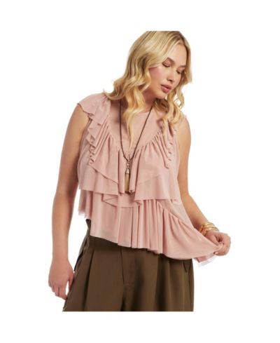 June & Vie Women's June and Vie Asymmetric Ruffle Mesh Top