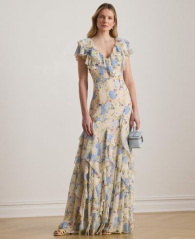Lauren Ralph Lauren Floral Ruffle-Trim Georgette Gown