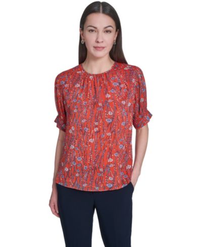 Tommy Hilfiger Women's Floral Crew Neck Puff-Sleeve Top