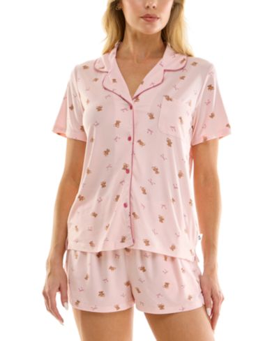Sincerely Jules Women's Notch Collar Top and Pajama Shorts, 2-Piece Set