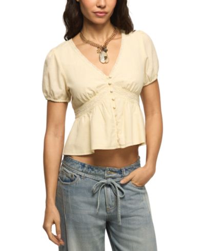 Lucky Brand Women's Drawstring Sleeve Lace Peplum V-Neck Top