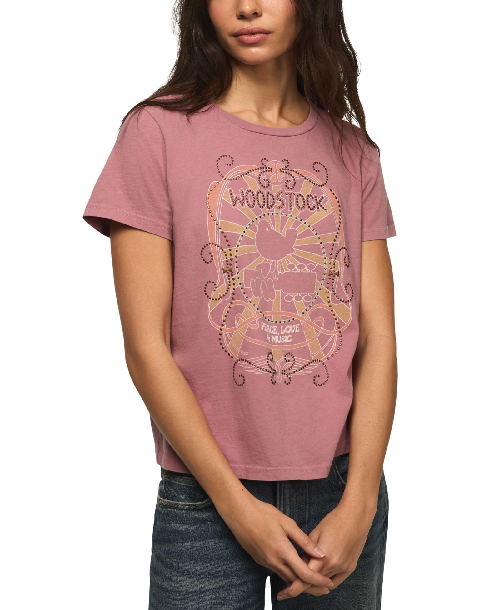 Lucky Brand Women's Classic Fit Woodstock Peace Love Music Crew Neck T-Shirt