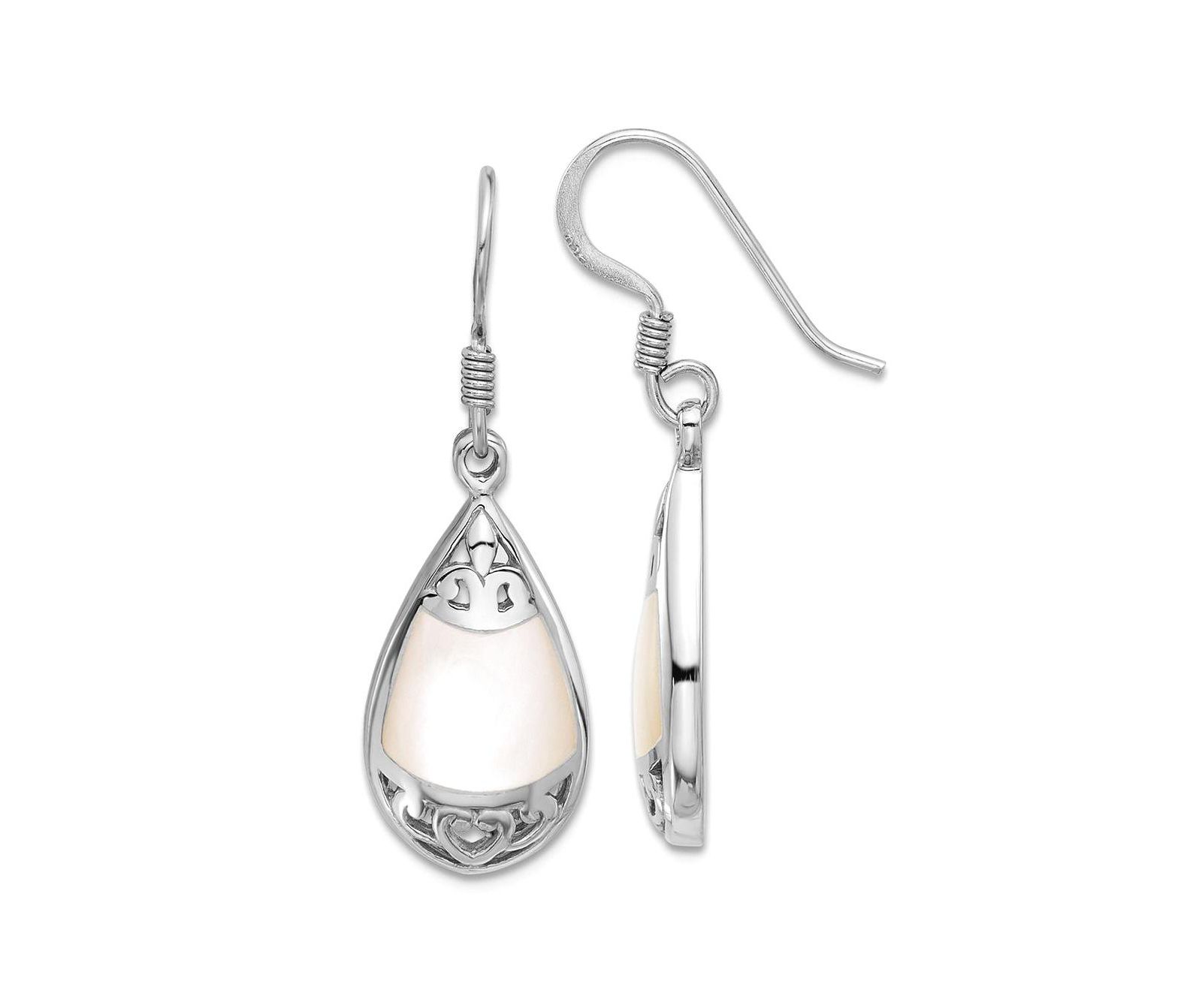 Curata Jewelry 925 Sterling Silver Rhodium Plated Teardrop Mother of Pearl Filigree Boho Hook Earrings 33x11mm 33.3x10.45mm Wide Stud Earring