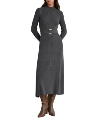 REISS Women's Mock-Neck Rib-Knit Long-Sleeve Midi Sweater Dress