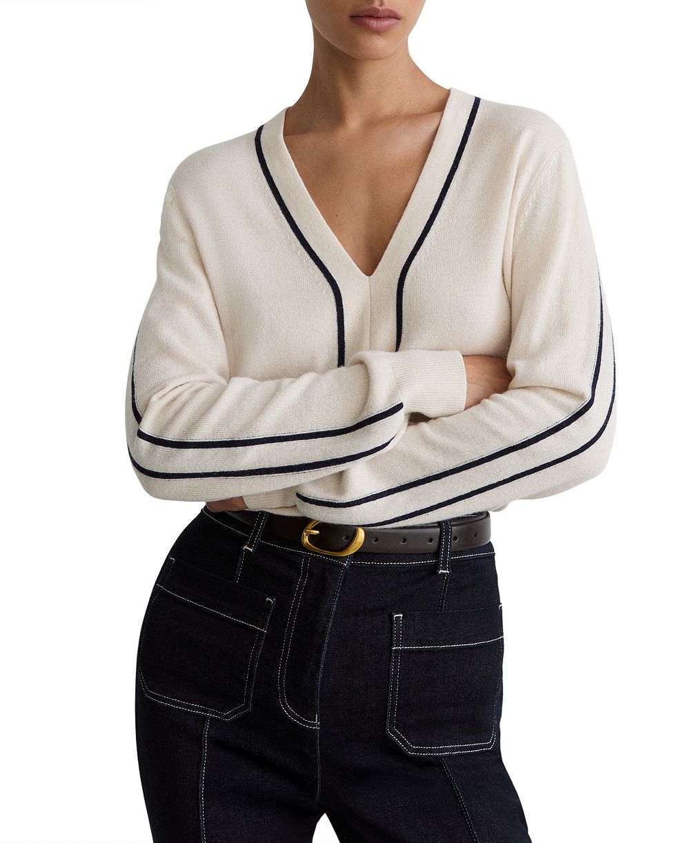 REISS Women's Mila Wool-Blend with Cashmere V-Neck Stripe-Detail Sweater