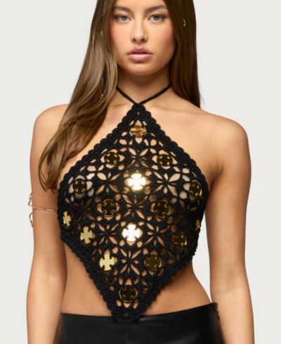 Edikted Women's Gold Mirror Backless Crochet Halter Top
