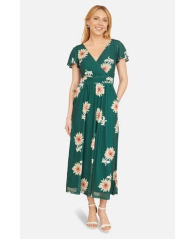 Yumi Women's Mesh Flower With Pockets Wrap Midi Dress