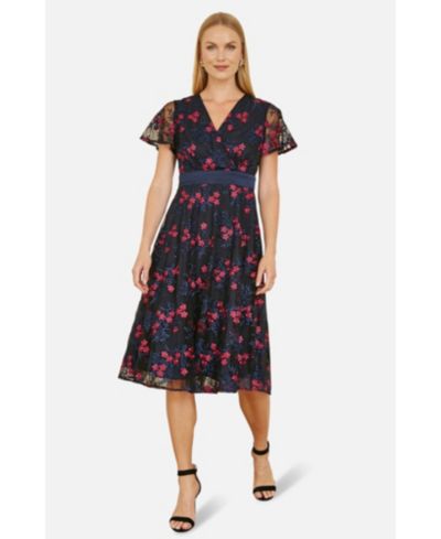 Yumi Women's Floral Mesh Wrap Midi Skater Dress