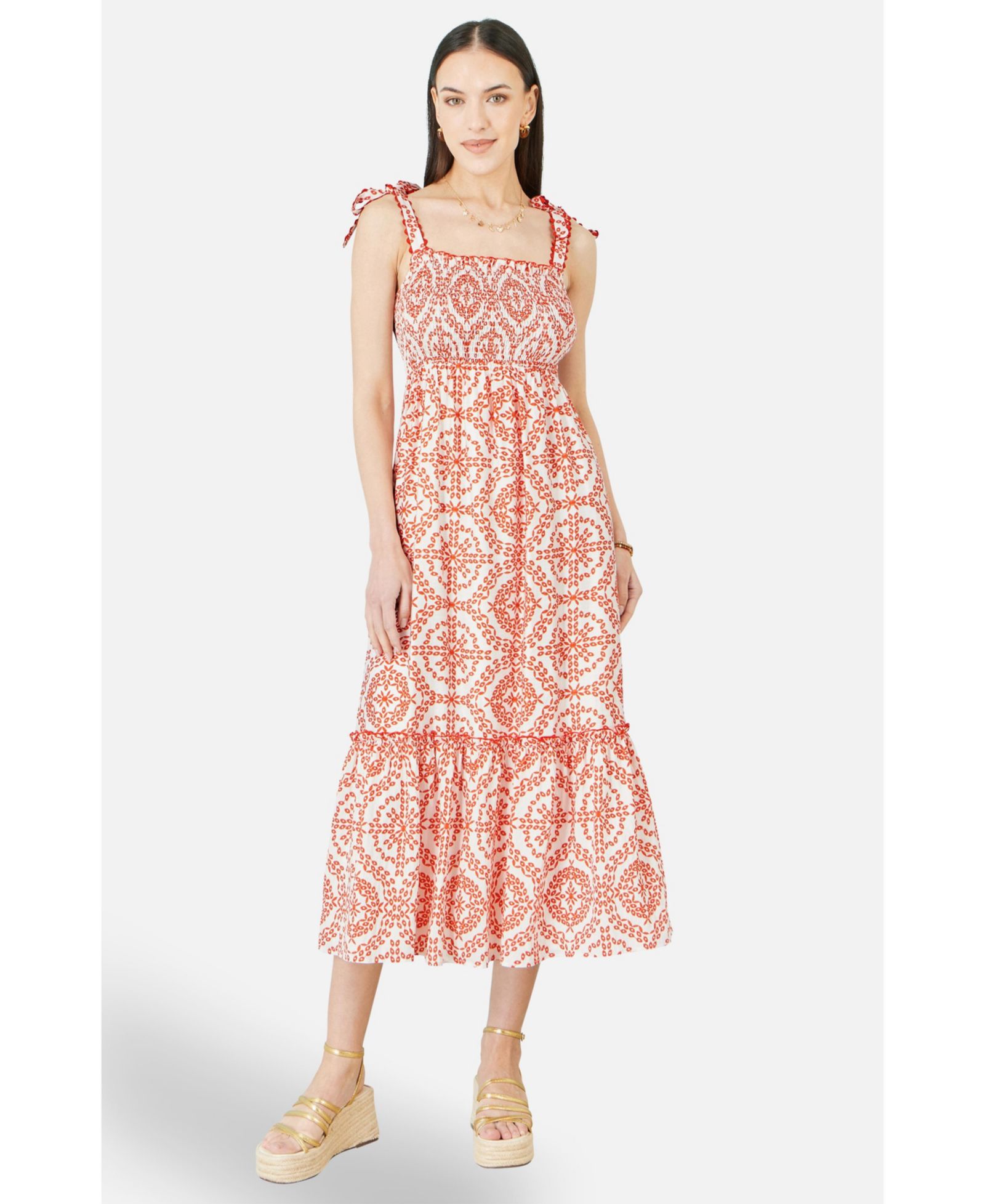 Yumi Women's Viscose Ruched Tie Strap Midi Sun Dress