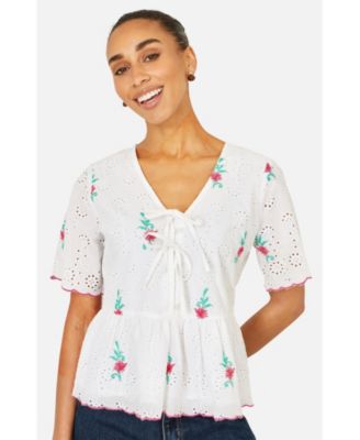 Yumi Women's Broderie Anglaise Embroidered Tie Top