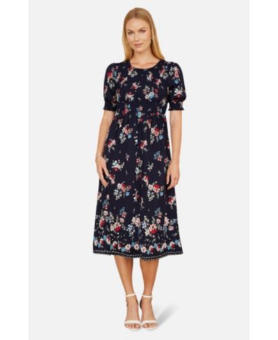 Yumi Women's Smocked Bodice Floral Ruched Midi Dress