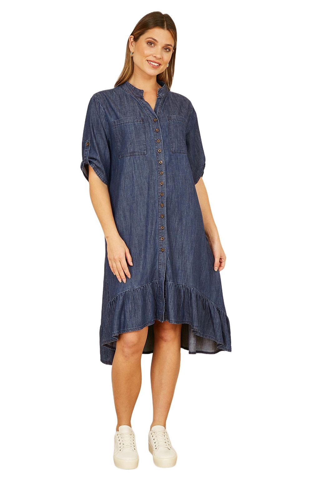 Женское джинсовое платье-рубашка Yumi Women's Denim Dip Hem Relaxed Fit Shirt Dress