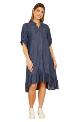 Yumi Women's Denim Dip Hem Relaxed Fit Shirt Dress
