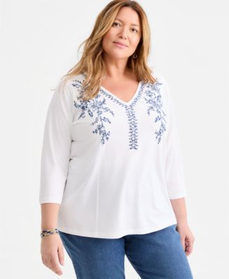 Топ Style & Co Plus Size Embroidered Split-Neck 3/4-Sleeve