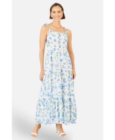 Yumi Women's Butterfly Print Lace Trim Maxi Dress