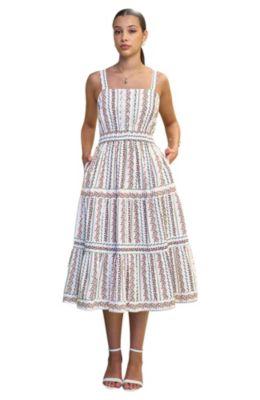 Yumi Women's Botanical Stripe Lace Trim Midi Dress