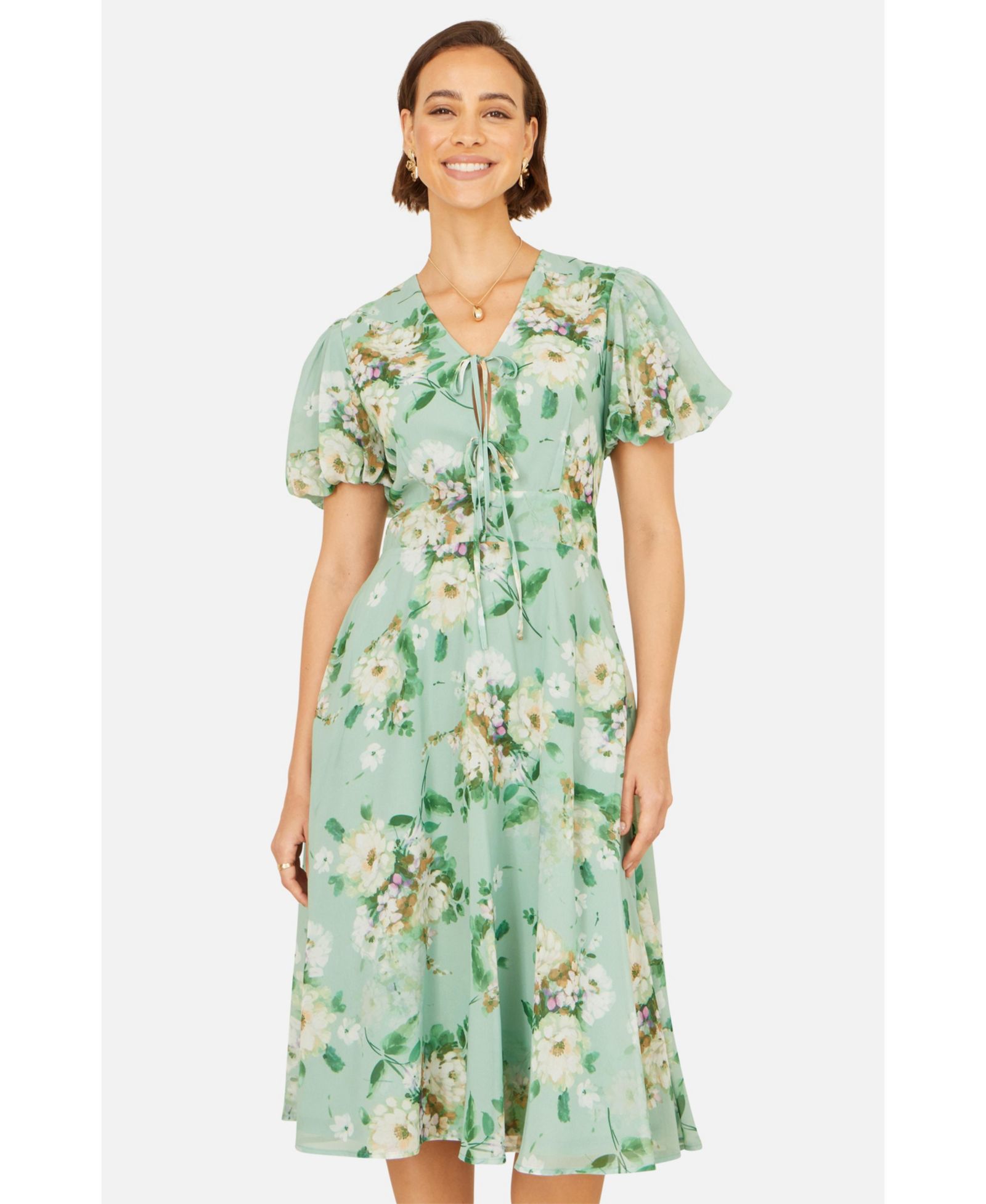 Yumi Women's Floral Front Tie Detail Tea Dress