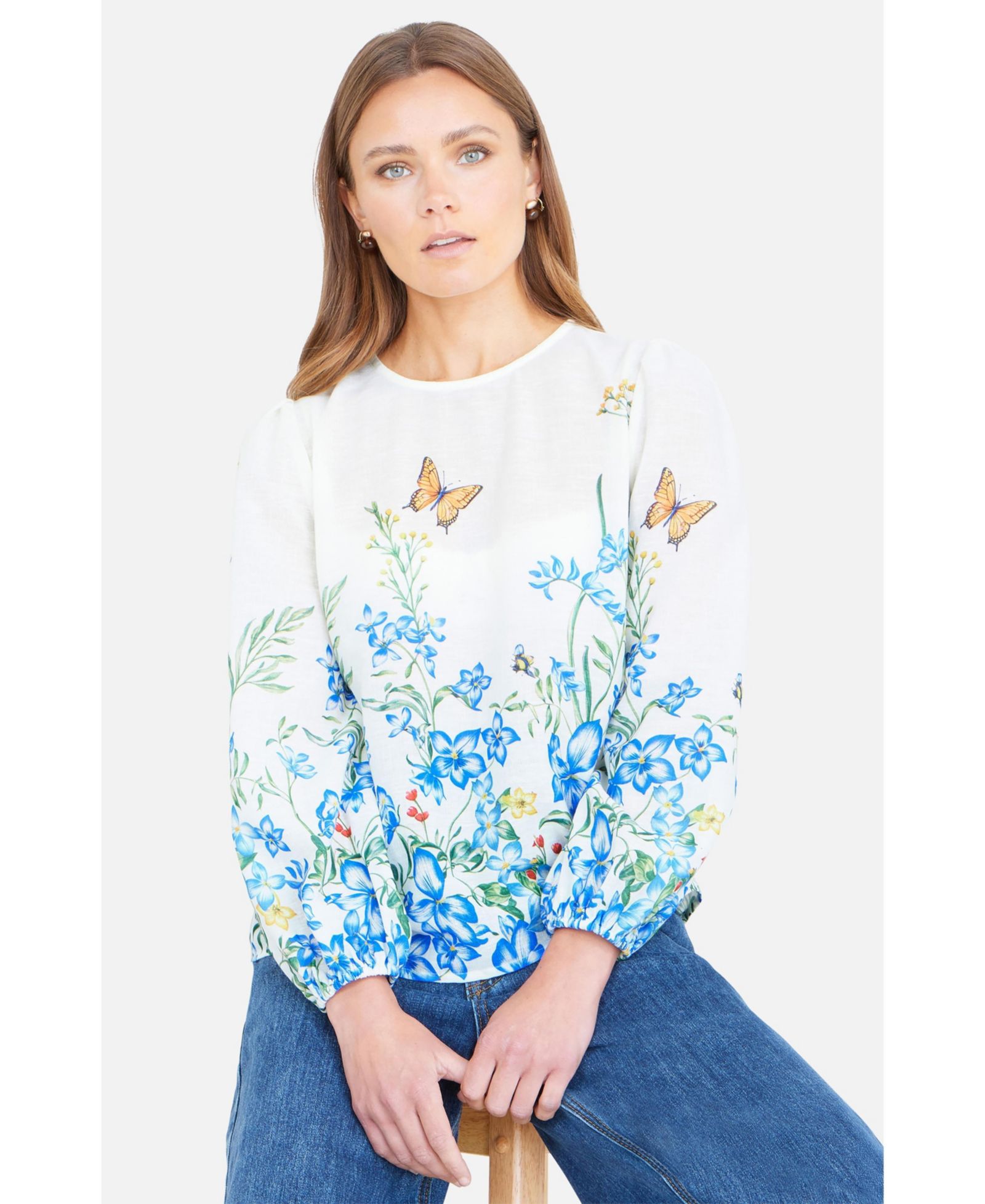 Yumi Women's Butterfly Print Long Sleeve Top