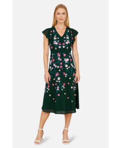 Yumi Women's Floral Embroidered V-Neck Midi Dress