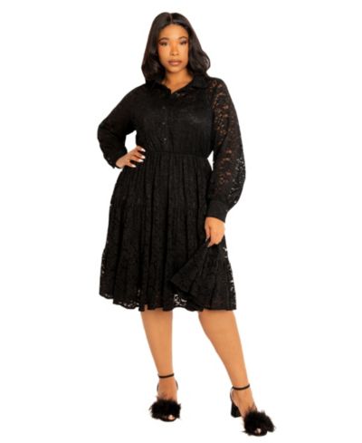 Buxom Couture Women's Plus Size Lace Long Sleeve Tiered Shirt Dress