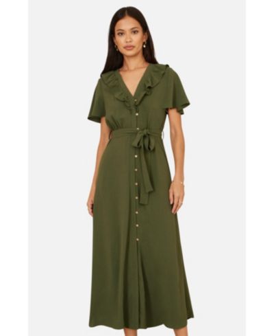 Yumi Women's Ruffle Collar Midi Shirt Dress