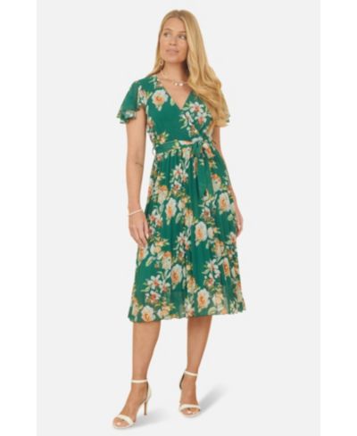 Yumi Women's Pleated Floral Tie-Waist Wrap Midi Dress