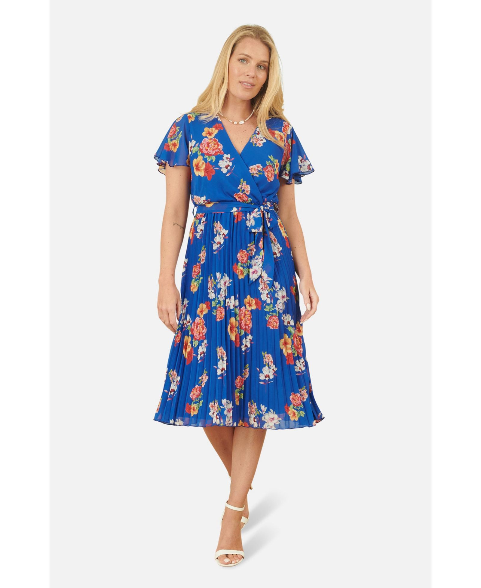 Yumi Women's Pleated Floral Tie-Waist Wrap Midi Dress