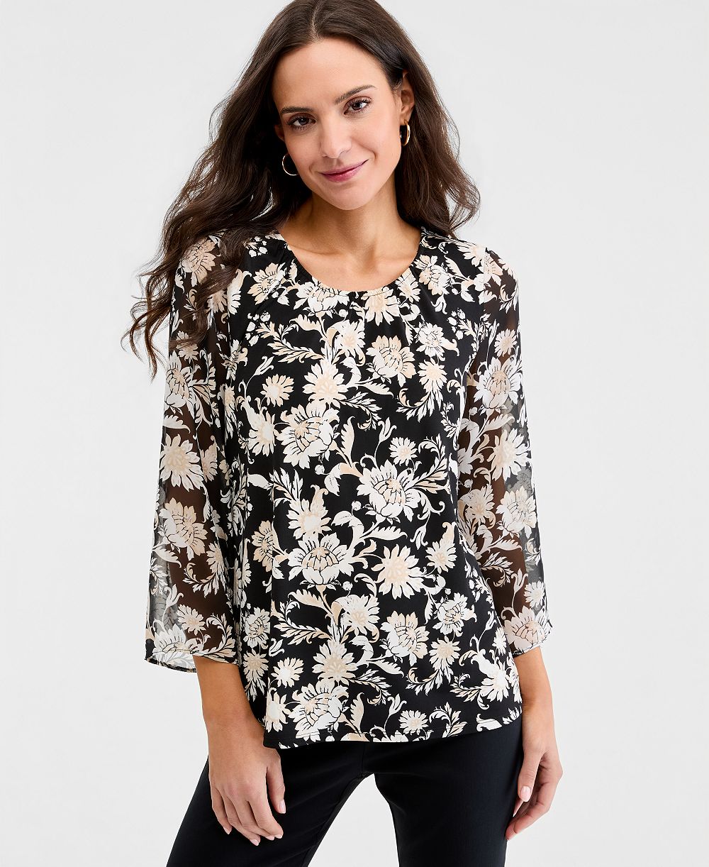 Женский топ JM Collection Printed Chiffon-Sleeve Gathered-Neck