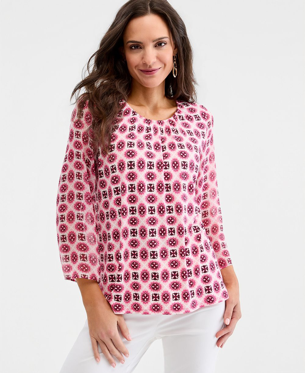 Женский топ JM Collection Printed Chiffon-Sleeve Gathered-Neck