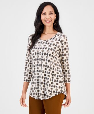 JM Collection Petite Aria Tile Geometric-Print 3/4-Sleeve Scoop Neck T-Shirt, Macy's Exclusive