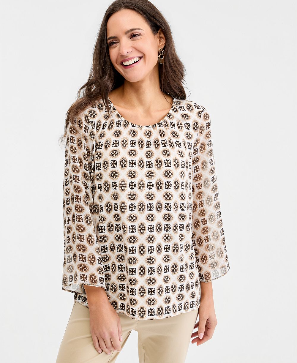 JM Collection Petite Printed Chiffon-Sleeve Gathered-Neck Top, Macy's Exclusive