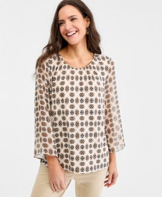 JM Collection Petite Printed Chiffon-Sleeve Gathered-Neck Top, Macy's Exclusive