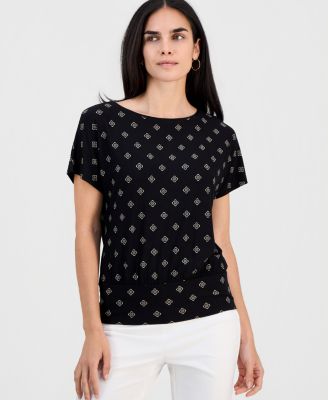 JM Collection Petite Sofia Tile Banded-Hem Boat-Neck Top, Macy's Exclusive