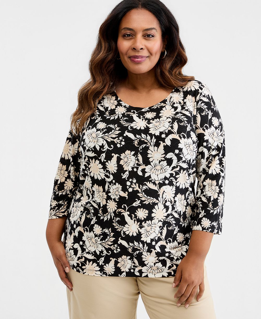 JM Collection Plus Size Bold Floral Scroll 3/4-Sleeve Jacquard Top, Macy's Exclusive