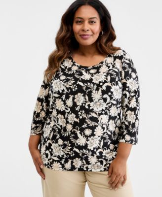 JM Collection Женский жаккардовый топ Plus Size с ярким цветочным узором и рукавом 3/4