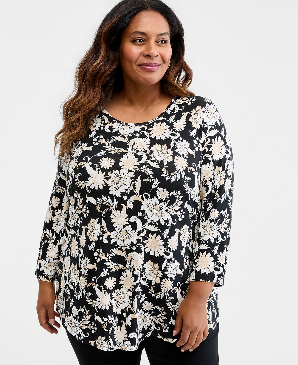 JM Collection Женский топ Plus Size с цветочным принтом, 3/4 рукав