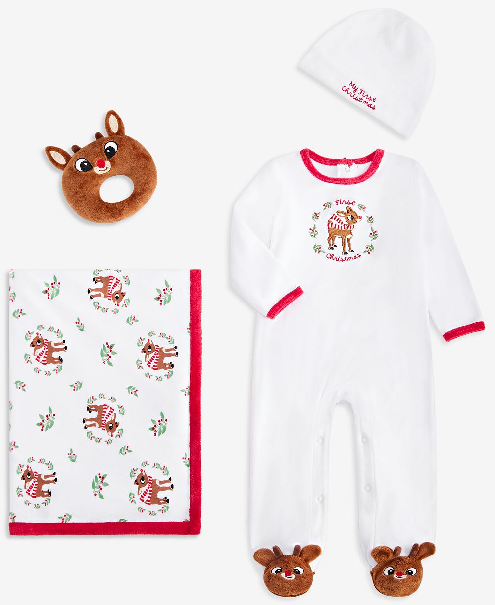 First Impressions Baby Boys' or Baby Girls' My First Christmas Hat, Footed Coverall, Blanket and Toy, 4-Piece Set, Macy's Exclusive