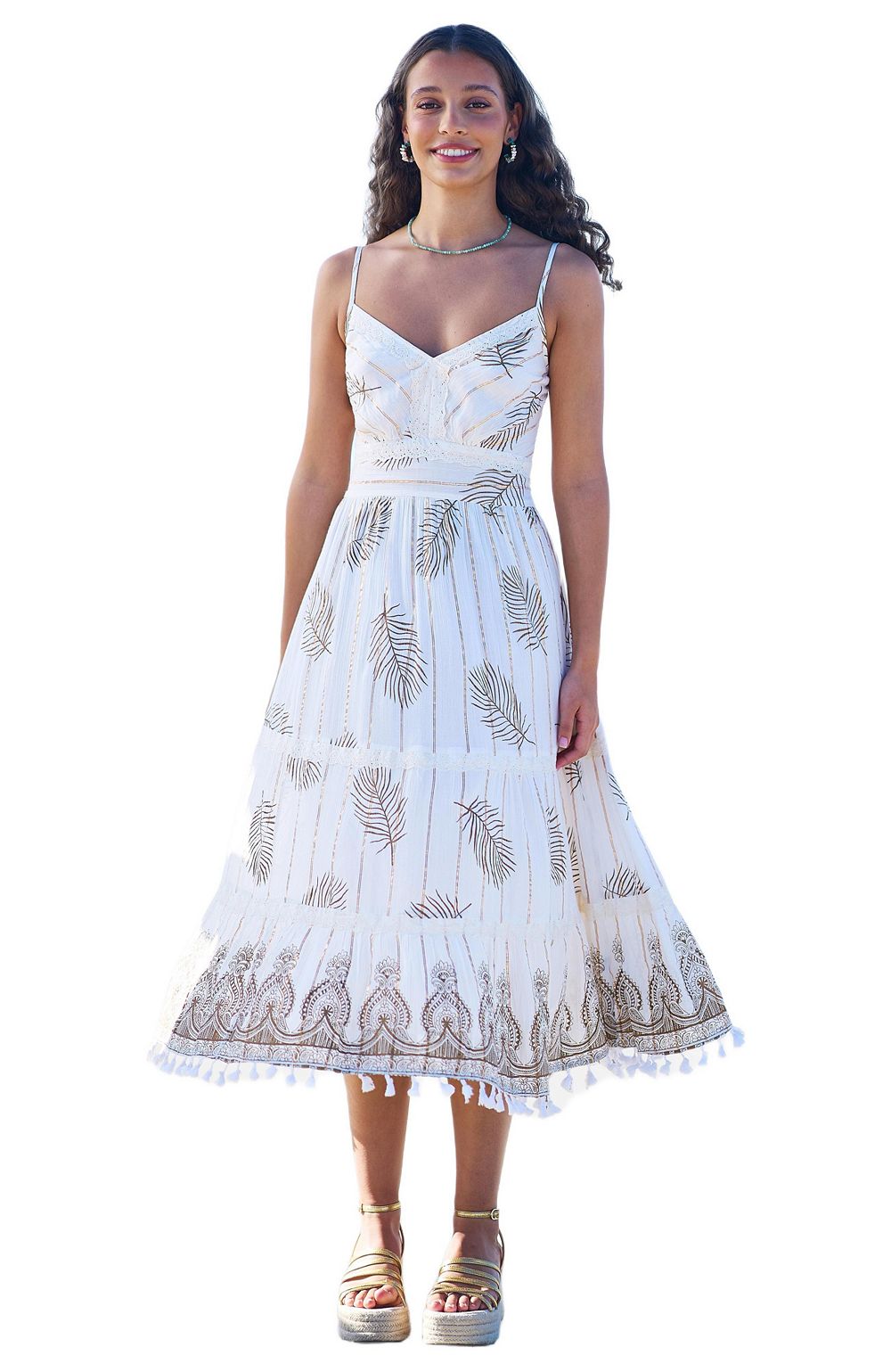 Yumi Women's Foil Print Lace Trim Midi Sun Dress